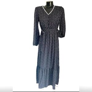 Conservative Black FLORAL long SLEEVE Vneck DRESS Modest CottageCORE MED EUC